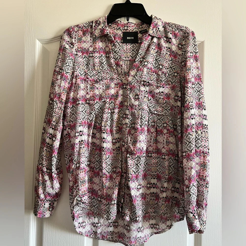Maeve Anthropologie Womens XS Islet Roll Tab Button‎ Down Boho Long Sleeve Top